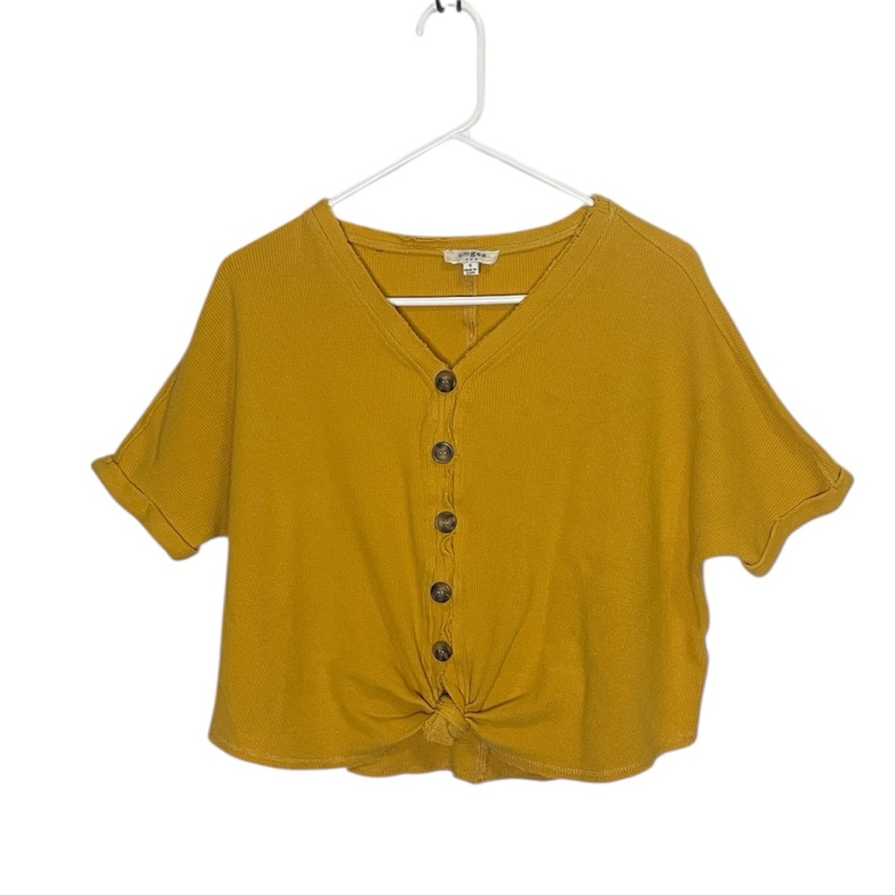 UMGEE WOMENS MUSTARD YELLOW SHORT SLEEVE BUTTON UP WAFFLE SHIRT WITH KNOT SMALL